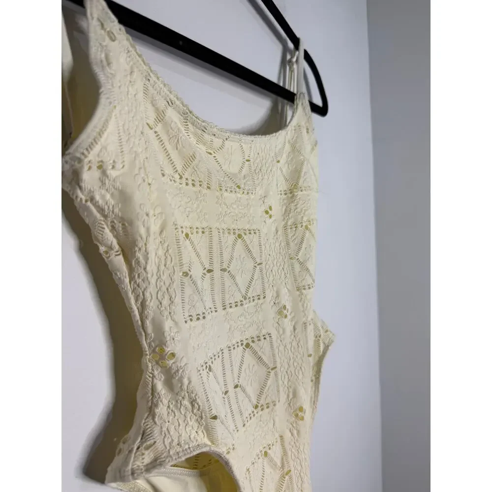 Frankies Bikinis Juliet one-piece swimsuit cream-colored patchwork eyelet design